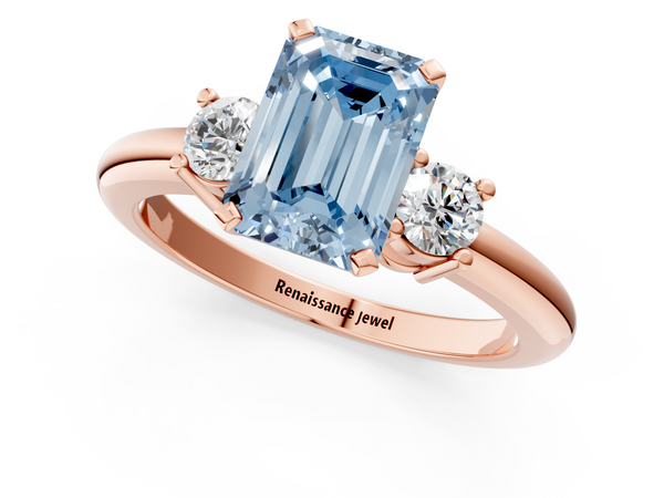 Rose gold Three-Stone Fancy Blue Emerald  Cut Diamond Solitaire with Prong Setting and Classic Band