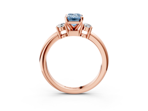Rose gold Three-Stone Fancy Blue Emerald  Cut Diamond Solitaire with Prong Setting and Classic Band
