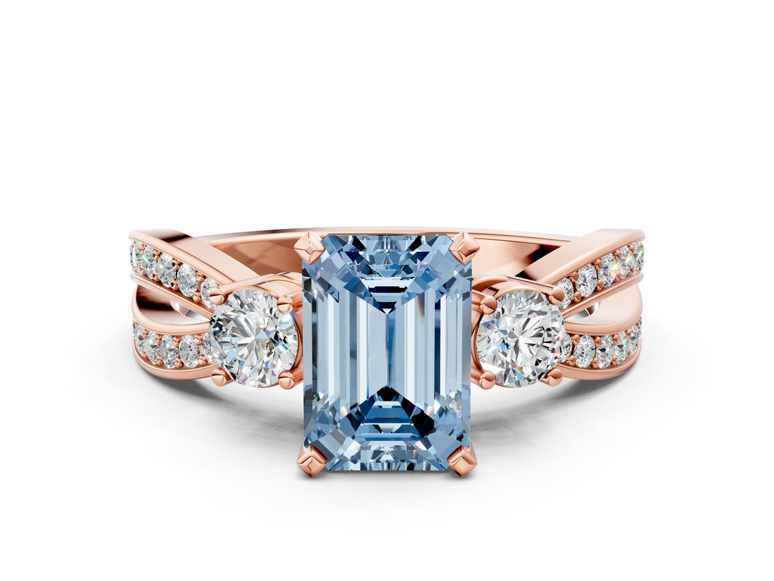 Rose gold Three-Stone Fancy Blue Emerald  Cut Diamond Twist Band with Prong Setting_55