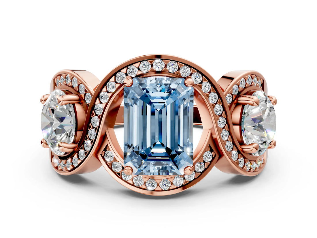 Rose gold Three-Stone Fancy Blue Emerald Cut Diamond Wave Pave Band with Prong Setting