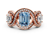 Rose gold Three-Stone Fancy Blue Emerald Cut Diamond Wave Pave Band with Prong Setting