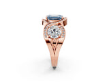 Rose gold Three-Stone Fancy Blue Emerald Cut Diamond Wave Pave Band with Prong Setting_2