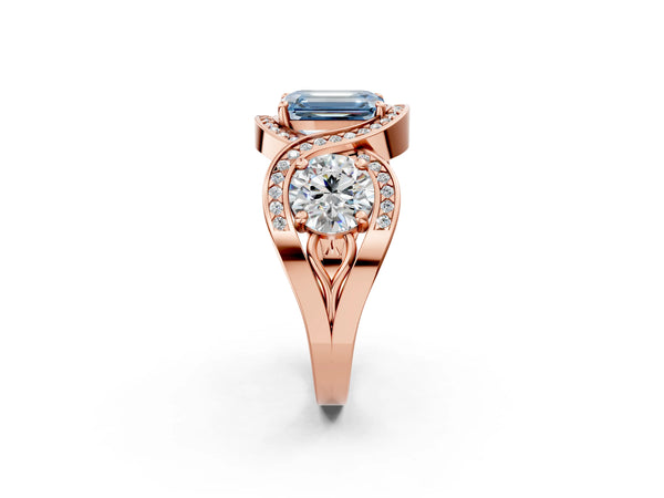 Rose gold Three-Stone Fancy Blue Emerald Cut Diamond Wave Pave Band with Prong Setting