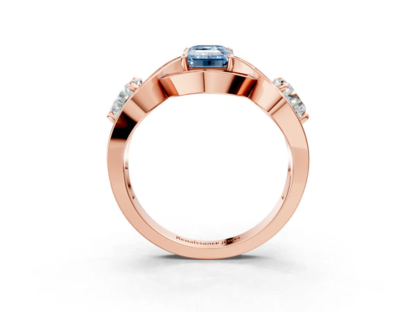 Rose gold Three-Stone Fancy Blue Emerald Cut Diamond Wave Pave Band with Prong Setting