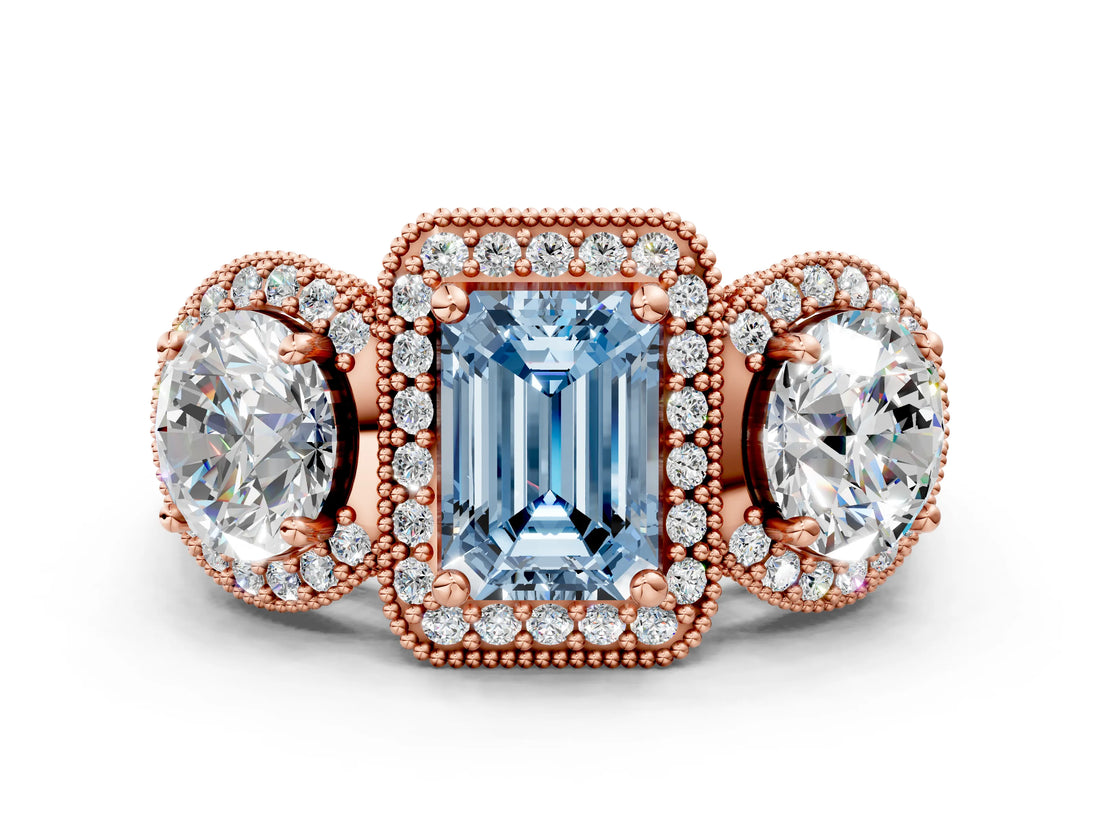Rose gold Three-Stone Fancy Blue Emerald Cut Halo Diamond Milgrain Band with Four-Prong Setting
