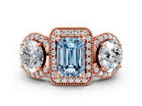 Rose gold Three-Stone Fancy Blue Emerald Cut Halo Diamond Milgrain Band with Four-Prong Setting