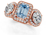 Rose gold Three-Stone Fancy Blue Emerald Cut Halo Diamond Milgrain Band with Four-Prong Setting_1