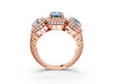 Rose gold Three-Stone Fancy Blue Emerald Cut Halo Diamond Milgrain Band with Four-Prong Setting_3