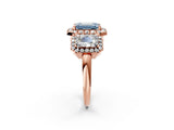 Rose gold Three-Stone Fancy Blue Emerald Cut Halo Diamond Ring with Pave Band and Four-Prong Setting_2