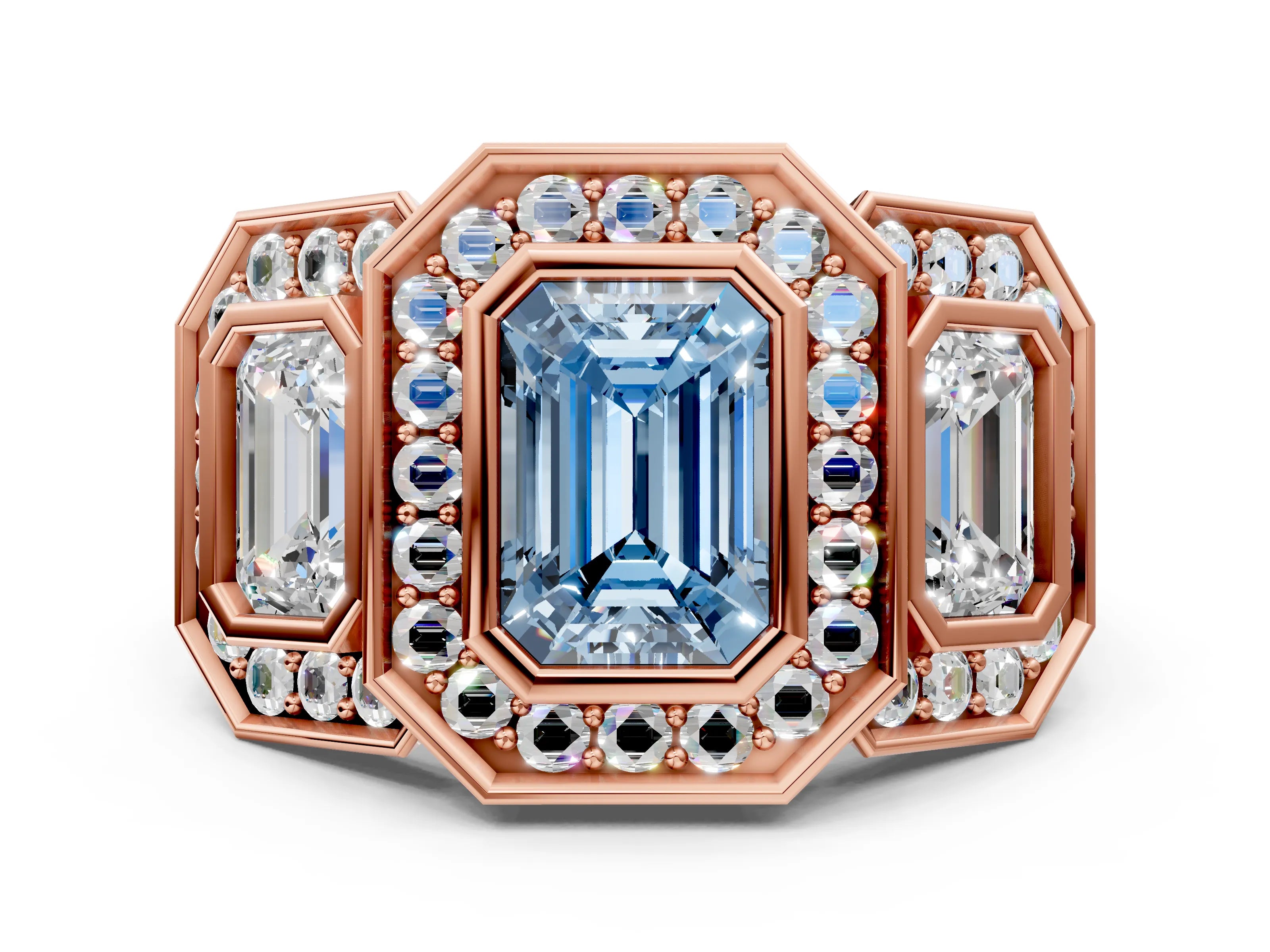 Rose gold Three-Stone Fancy Blue Emerald Cut Halo Pavé Diamond Ring_12