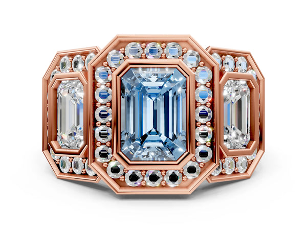 Rose gold Three-Stone Fancy Blue Emerald Cut Halo Pavé Diamond Ring