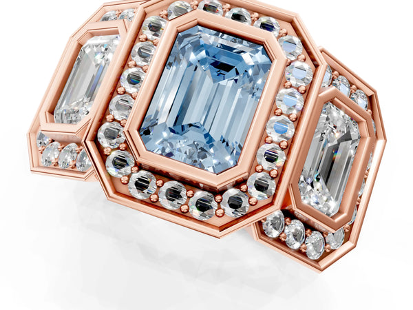 Rose gold Three-Stone Fancy Blue Emerald Cut Halo Pavé Diamond Ring