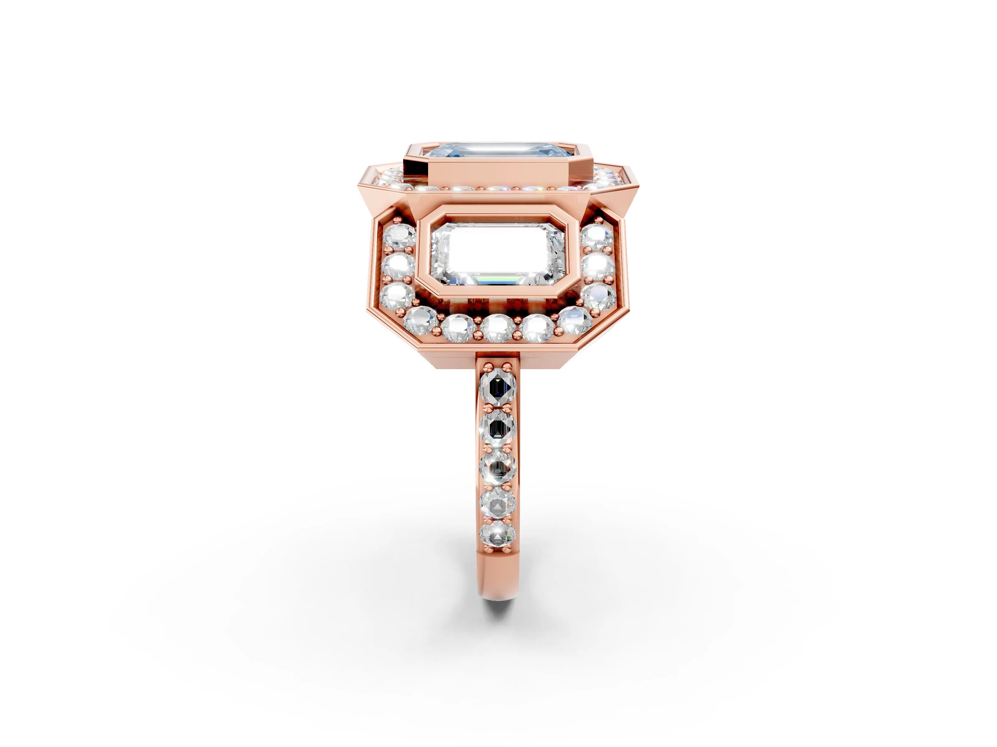 Rose gold Three-Stone Fancy Blue Emerald Cut Halo Pavé Diamond Ring_14