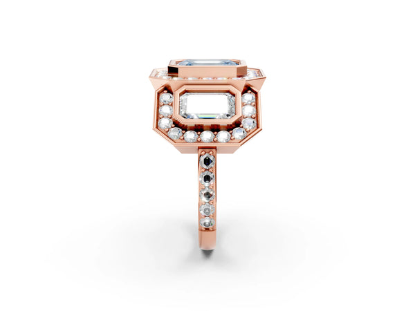 Rose gold Three-Stone Fancy Blue Emerald Cut Halo Pavé Diamond Ring