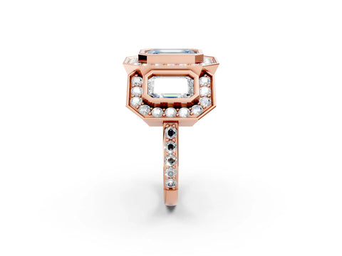Rose gold Three-Stone Fancy Blue Emerald Cut Halo Pavé Diamond Ring_14