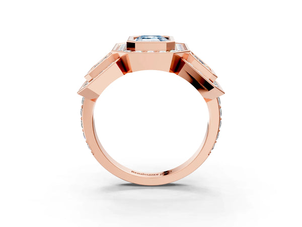 Rose gold Three-Stone Fancy Blue Emerald Cut Halo Pavé Diamond Ring