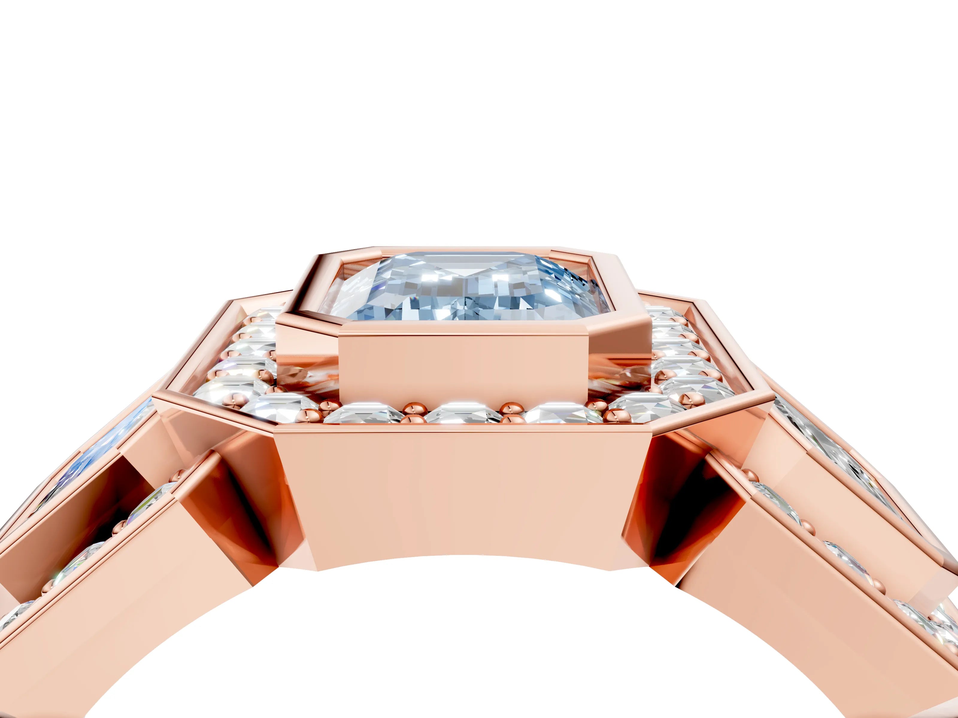 Rose gold Three-Stone Fancy Blue Emerald Cut Halo Pavé Diamond Ring_16