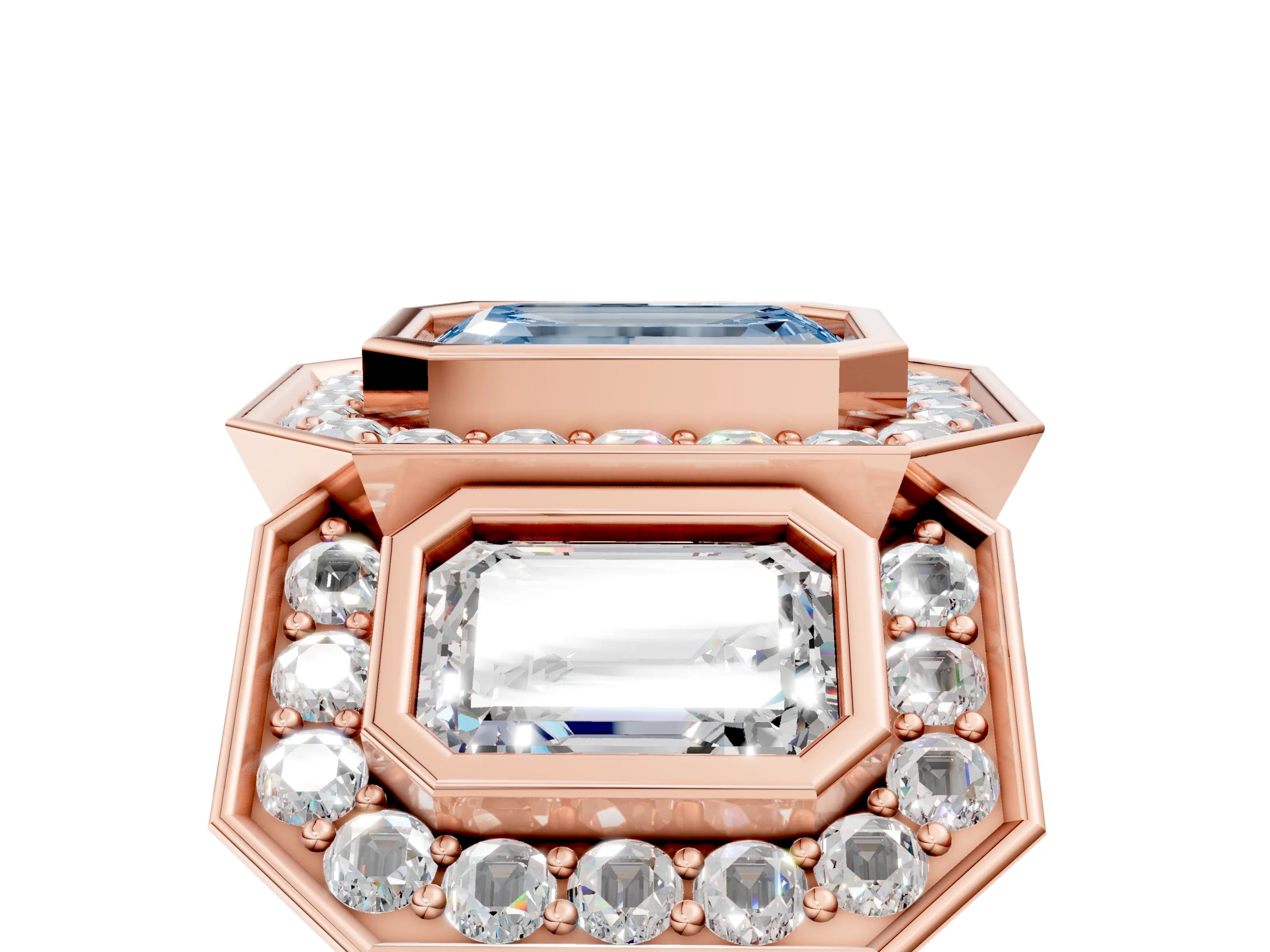 Rose gold Three-Stone Fancy Blue Emerald Cut Halo Pavé Diamond Ring_17