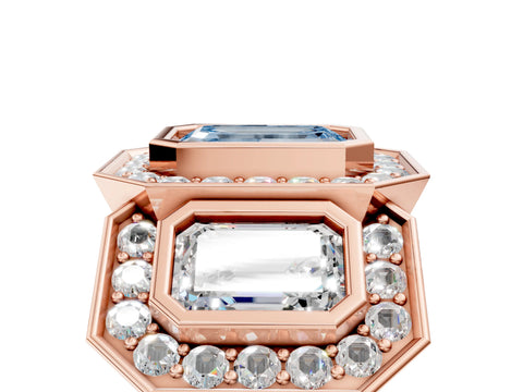 Rose gold Three-Stone Fancy Blue Emerald Cut Halo Pavé Diamond Ring_17