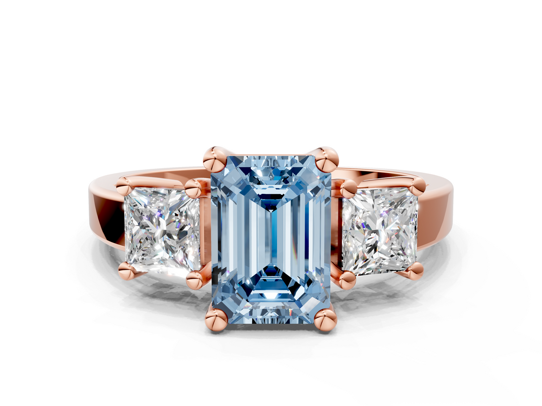 Rose gold Three-Stone Fancy Blue Emerald  Cut Solitaire Ring with Prong Setting_3