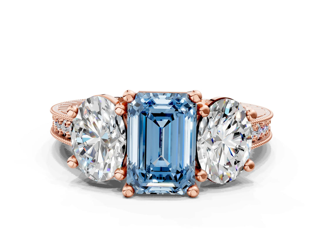Rose gold Three-Stone Fancy Blue Emerald  Diamond Milgrain Pave Band with Prong Setting 1