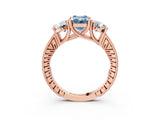 Rose gold Three-Stone Fancy Blue Emerald  Diamond Milgrain Pave Band with Prong Setting 4