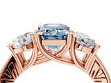 Rose gold Three-Stone Fancy Blue Emerald  Diamond Milgrain Pave Band with Prong Setting 5