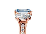Rose gold Three-Stone Fancy Blue Emerald  Diamond Milgrain Pave Band with Prong Setting