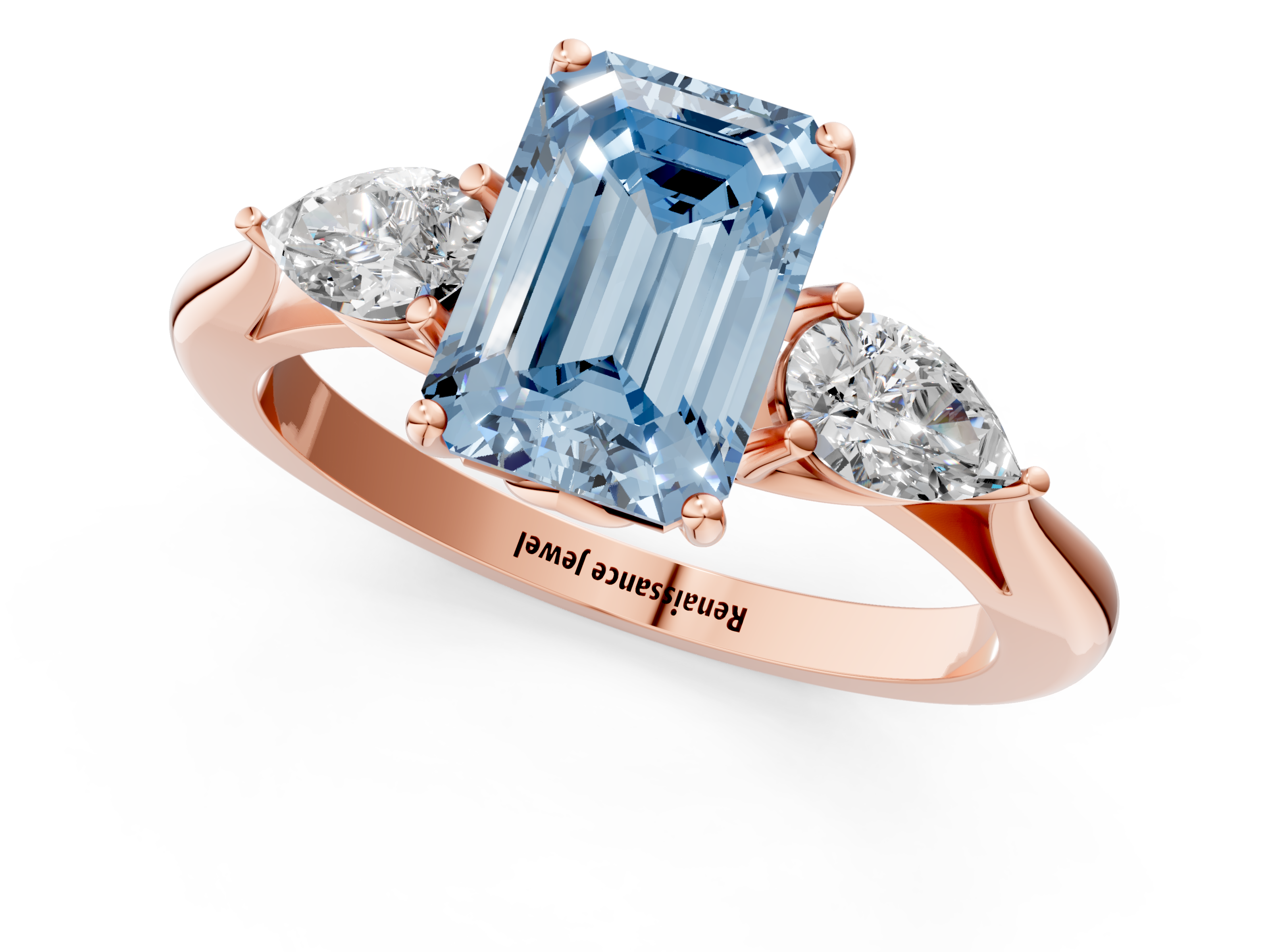 Rose gold Three-Stone Fancy Blue Emerald  Diamond Solitaire Ring with Pear Side Stones and Four-Prong Setting_32