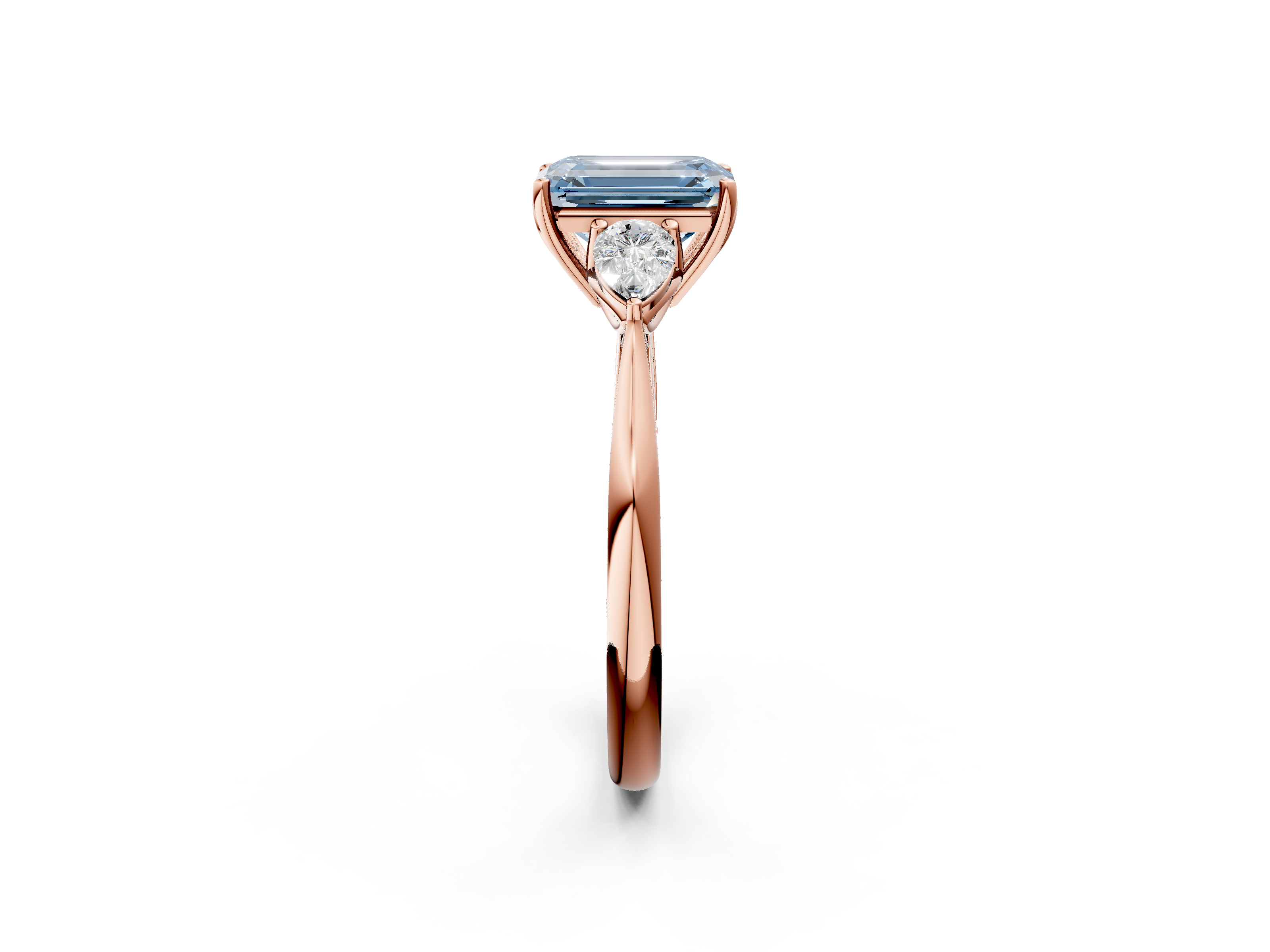 Rose gold Three-Stone Fancy Blue Emerald  Diamond Solitaire Ring with Pear Side Stones and Four-Prong Setting_33