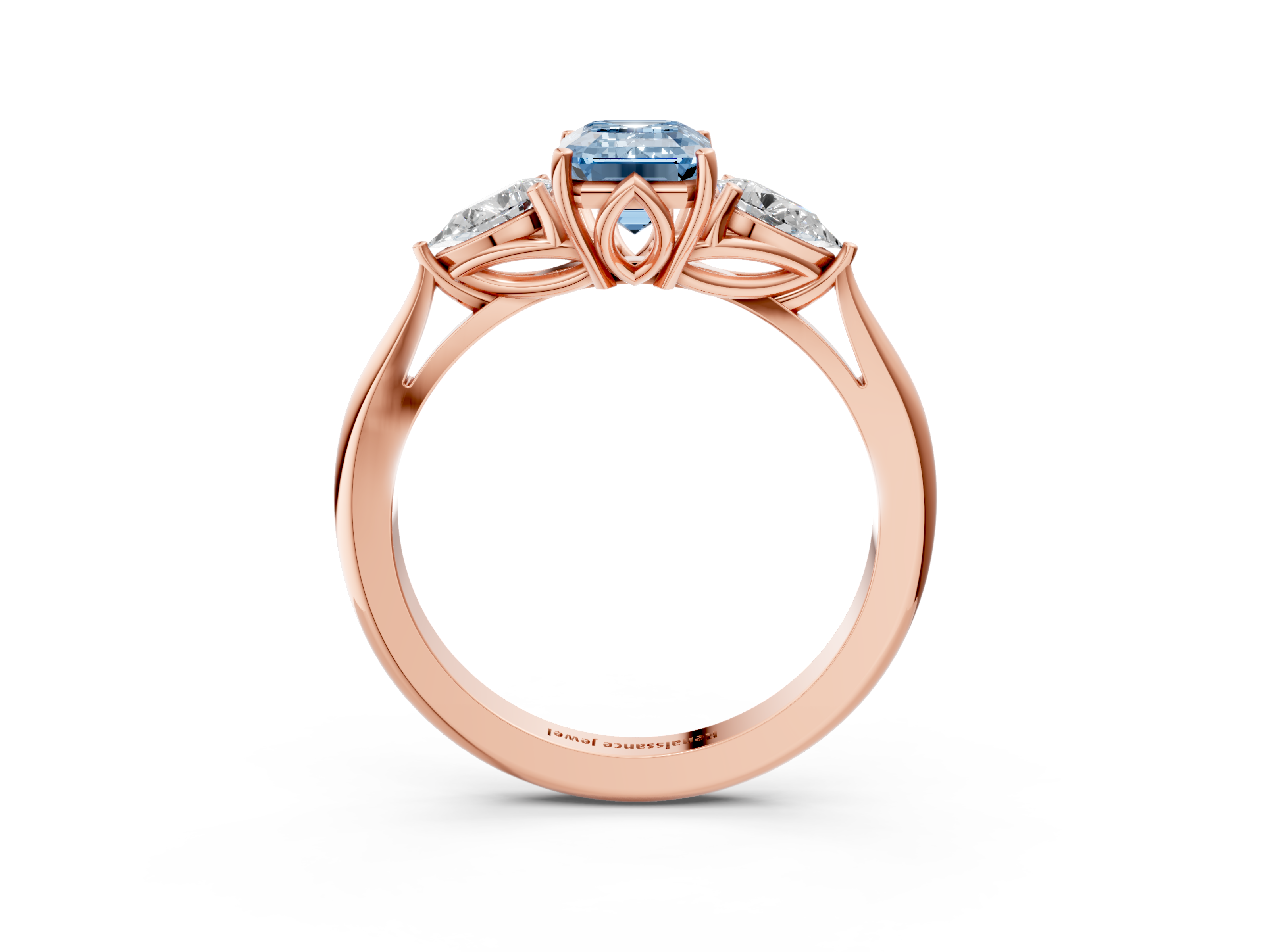 Rose gold Three-Stone Fancy Blue Emerald  Diamond Solitaire Ring with Pear Side Stones and Four-Prong Setting_34