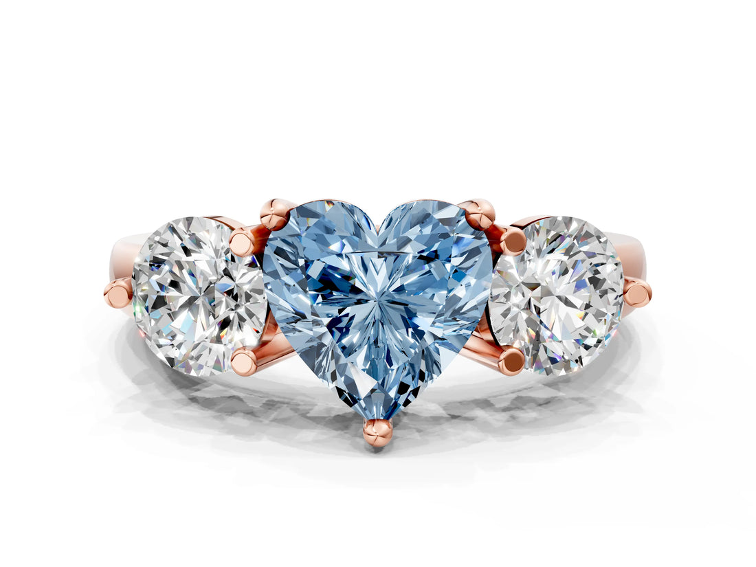 Rose gold Three-Stone Fancy Blue Heart  Brilliant Cut Solitaire Ring with Prong Setting on a Classic Band 1
