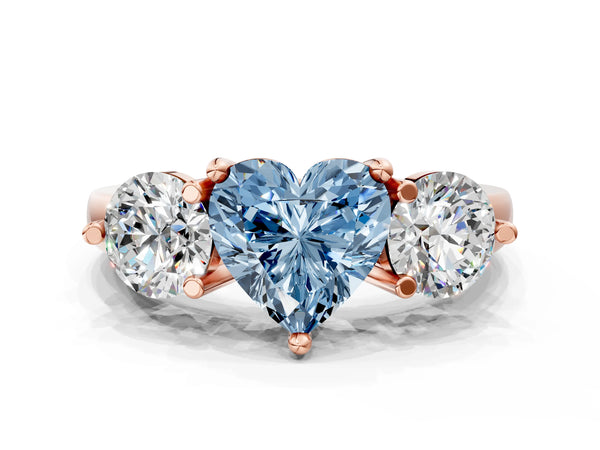 Rose gold Three-Stone Fancy Blue Heart  Brilliant Cut Solitaire Ring with Prong Setting on a Classic Band