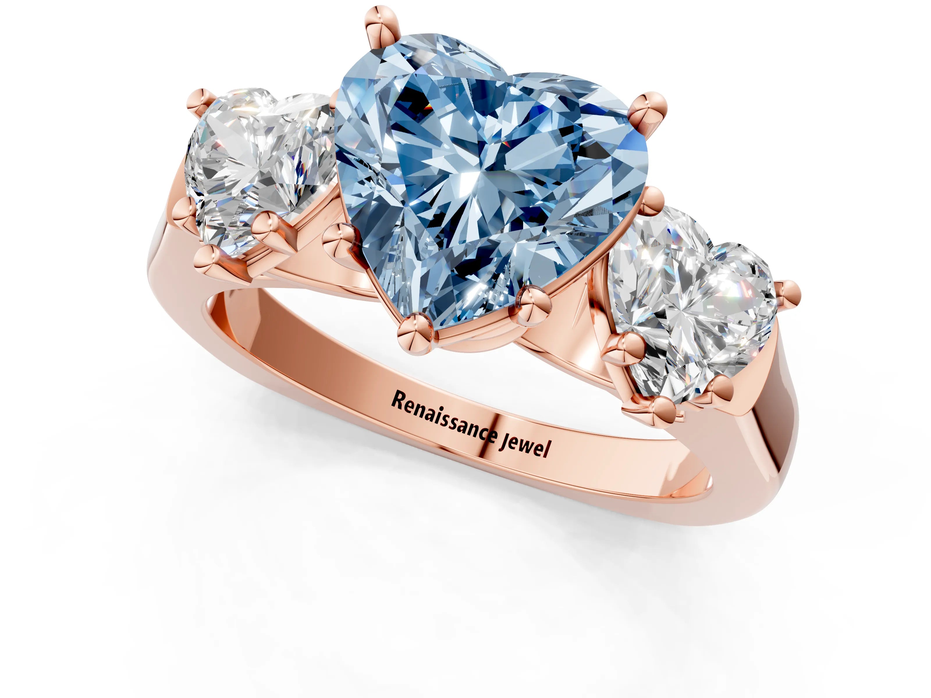 Rose gold Three-Stone Fancy Blue Heart Cut Brilliant Diamond Trellis Ring with Comfort Fit Band_1