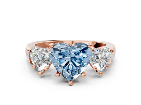 Rose gold Three-Stone Fancy Blue Heart Cut Brilliant Diamond Trellis Ring with Comfort Fit Band