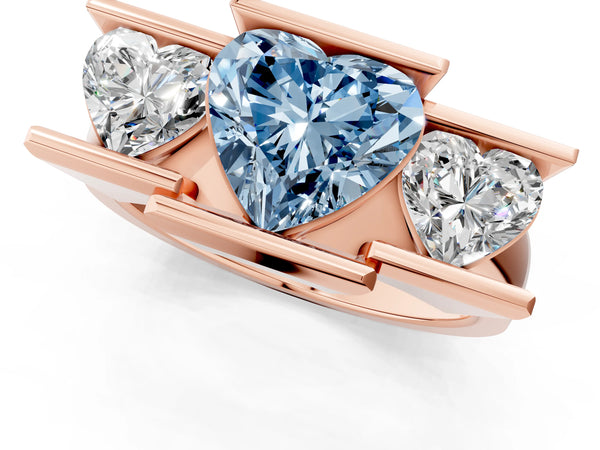 Rose gold Three Stone Fancy Blue Heart Cut Cut Channel Set Diamond Ring