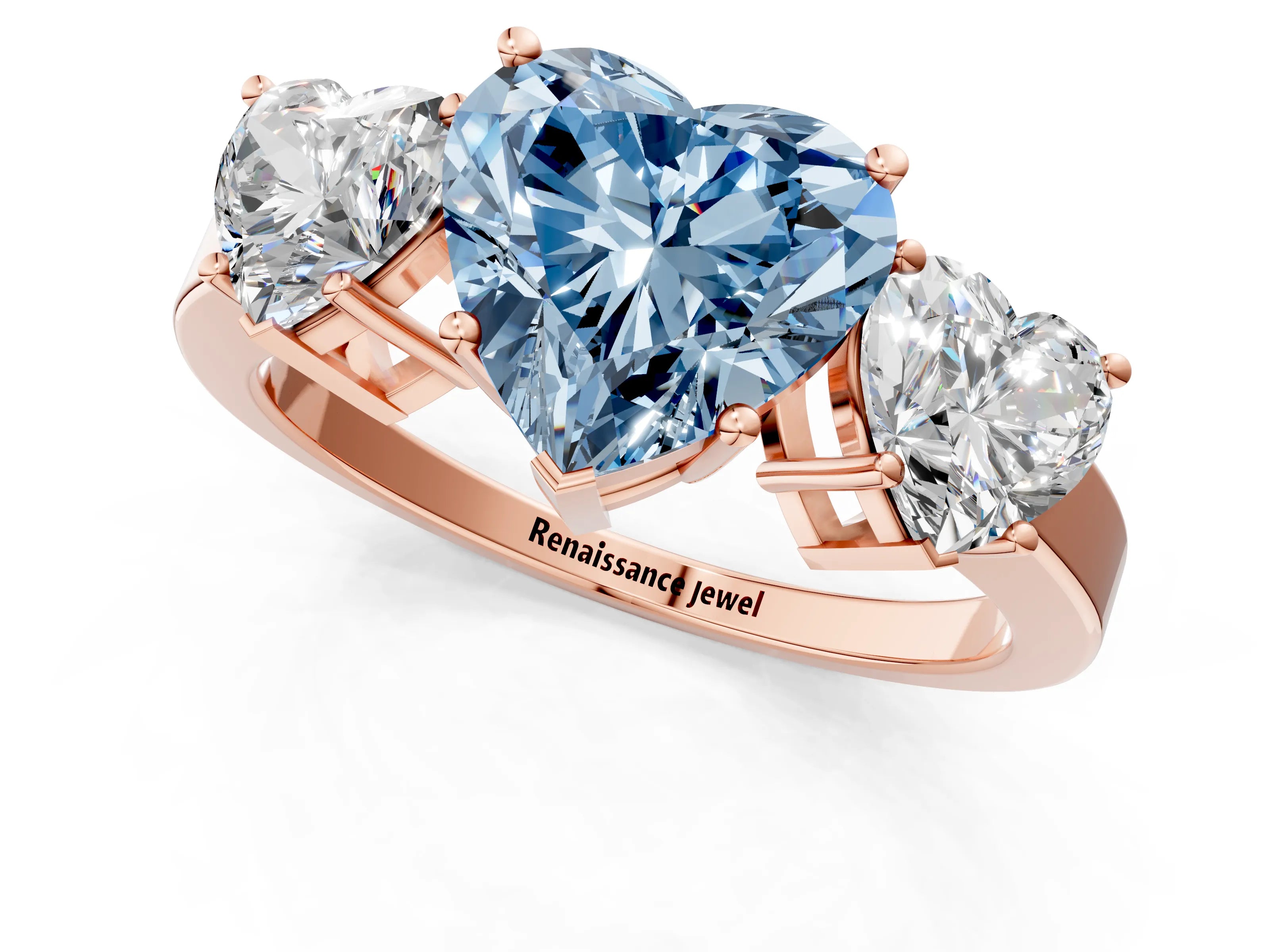 Rose gold Three-Stone Fancy Blue Heart Cut Cut Diamond Engagement Ring with Flat Band and Four-Prong Setting_1