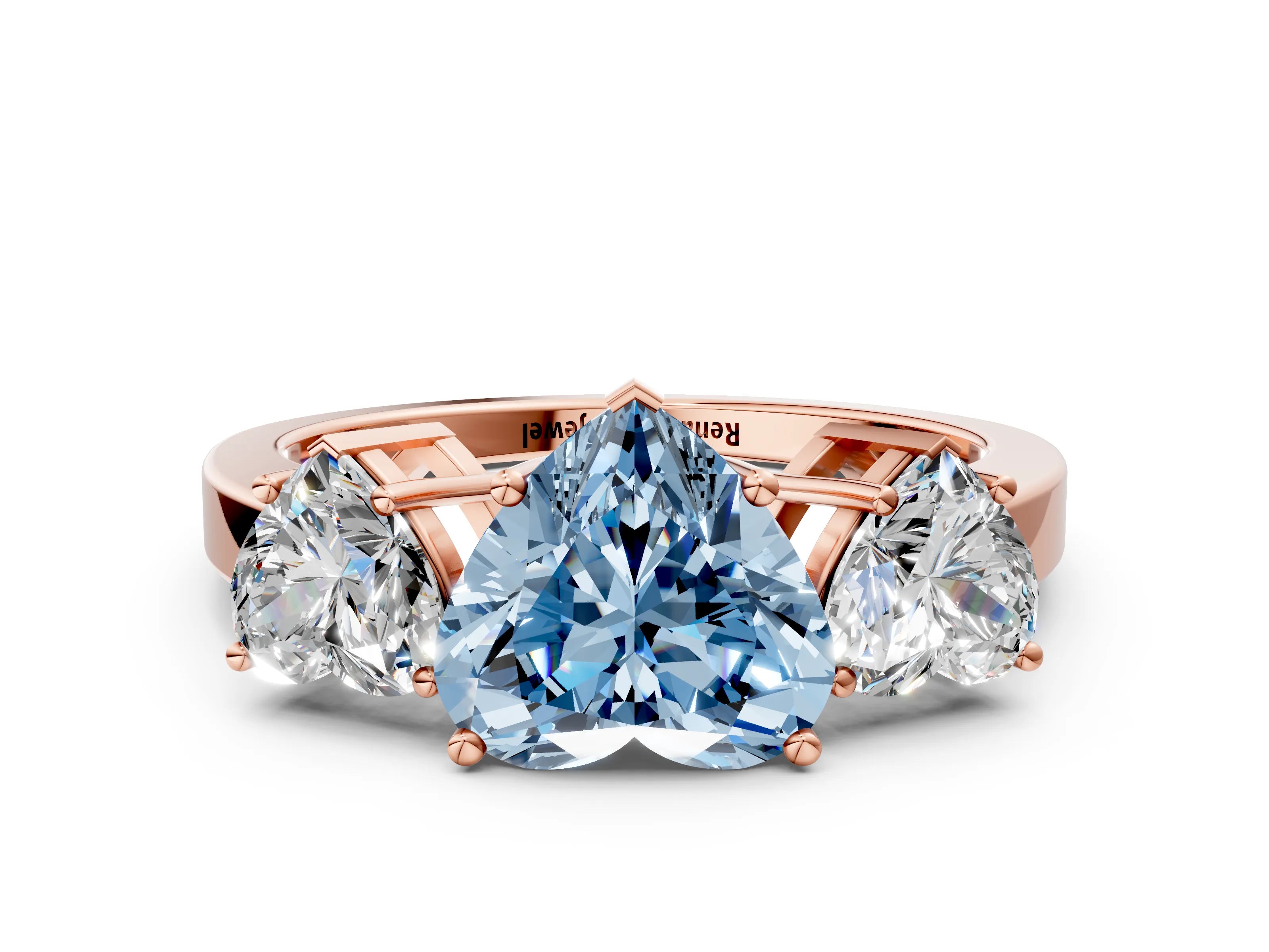 Rose gold Three-Stone Fancy Blue Heart Cut Cut Diamond Engagement Ring with Flat Band and Four-Prong Setting_12