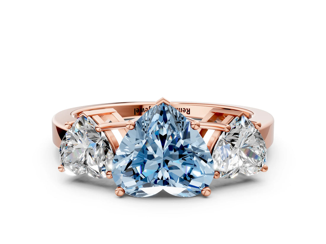 Rose gold Three-Stone Fancy Blue Heart Cut Cut Diamond Engagement Ring with Flat Band and Four-Prong Setting_12