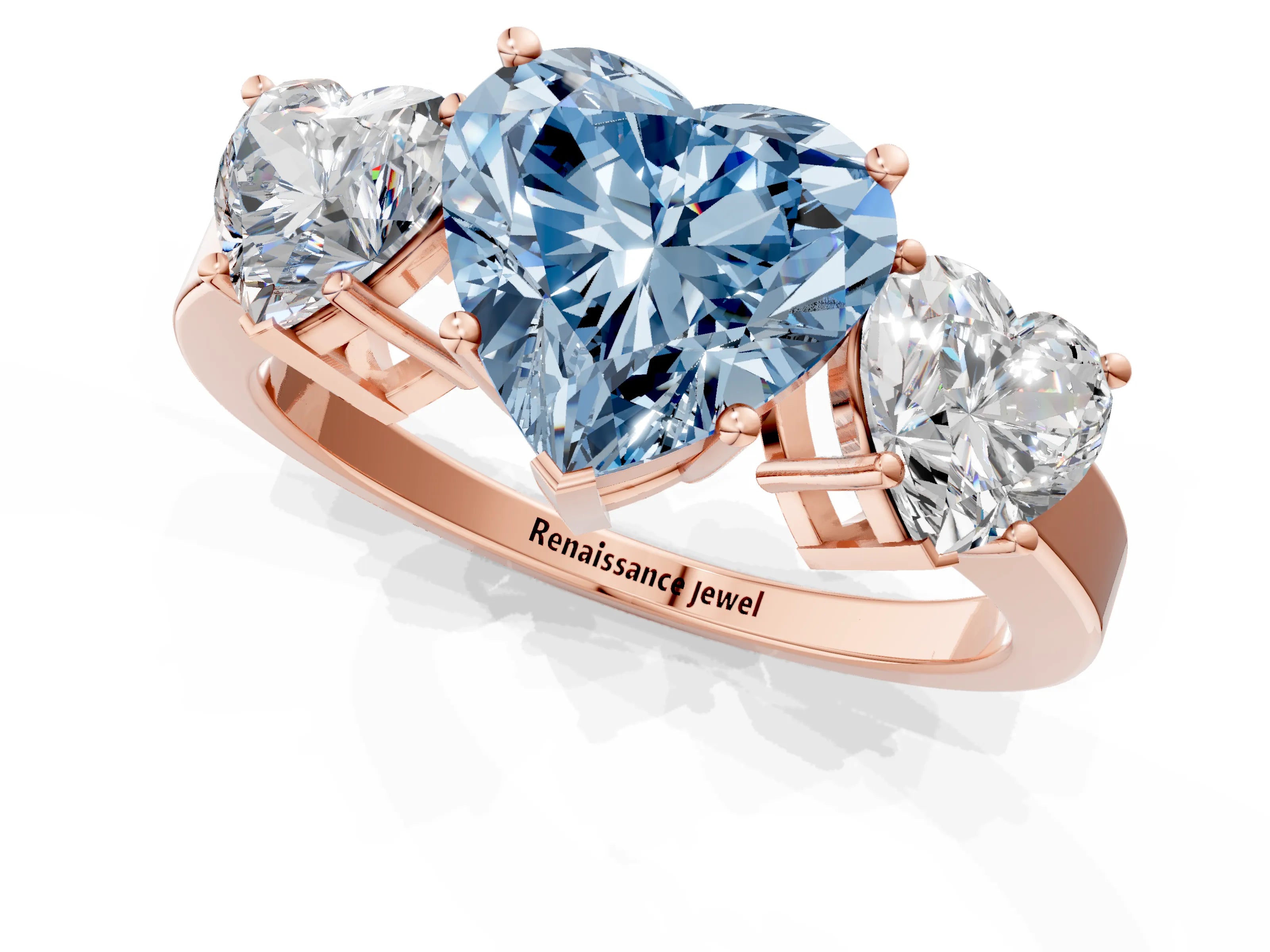 Rose gold Three-Stone Fancy Blue Heart Cut Cut Diamond Engagement Ring with Flat Band and Four-Prong Setting_13