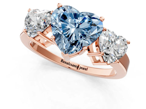 Rose gold Three-Stone Fancy Blue Heart Cut Cut Diamond Engagement Ring with Flat Band and Four-Prong Setting_1