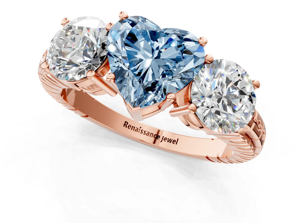 Rose gold Three-Stone Fancy Blue Heart Cut Cut Diamond Ring with Channel-Set Band and Prong Setting