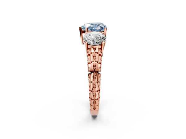 Rose gold Three-Stone Fancy Blue Heart Cut Cut Diamond Ring with Channel-Set Band and Prong Setting