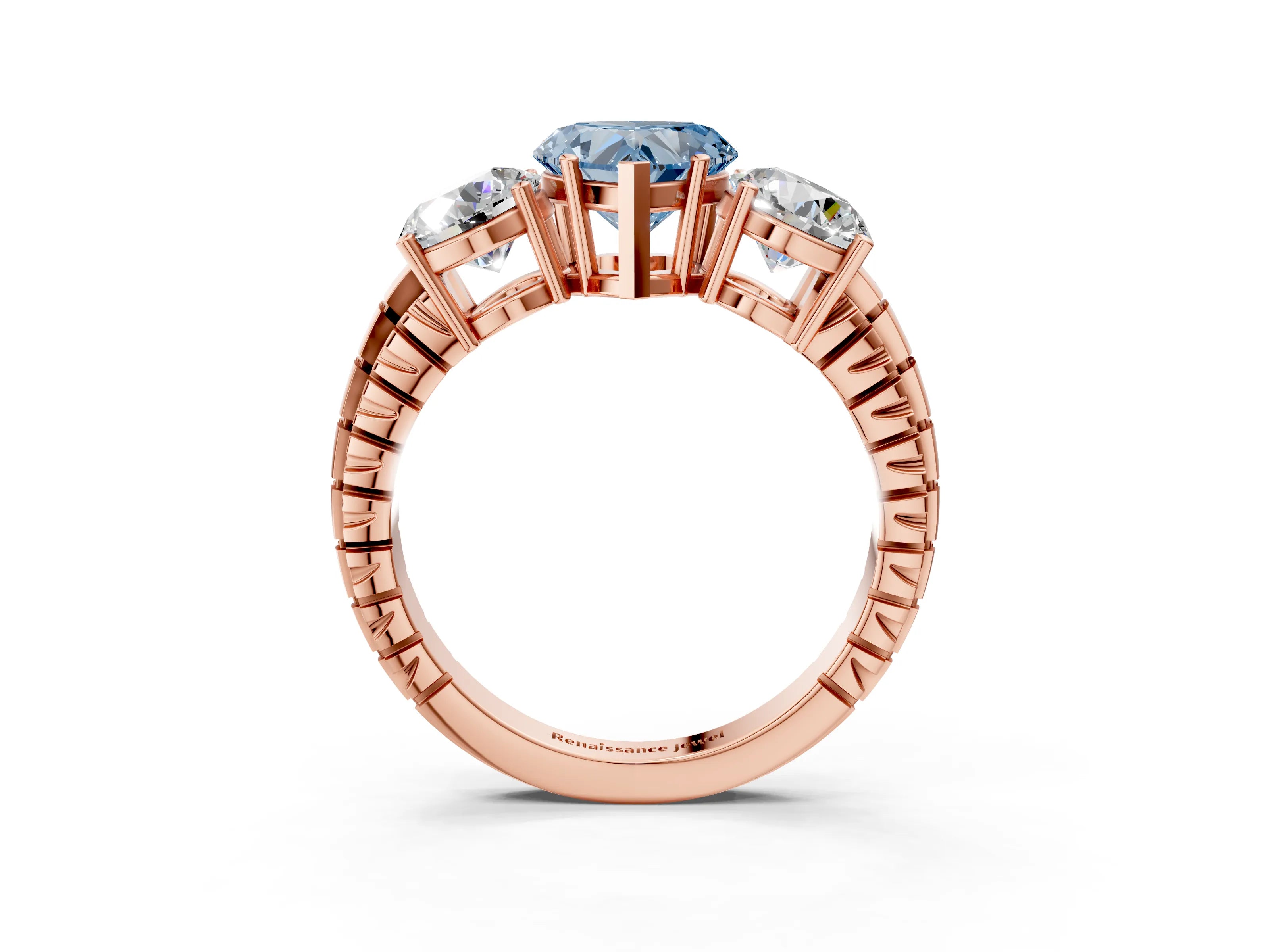 Rose gold Three-Stone Fancy Blue Heart Cut Cut Diamond Ring with Channel-Set Band and Prong Setting_3