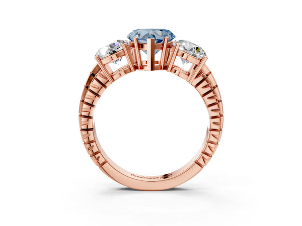 Rose gold Three-Stone Fancy Blue Heart Cut Cut Diamond Ring with Channel-Set Band and Prong Setting