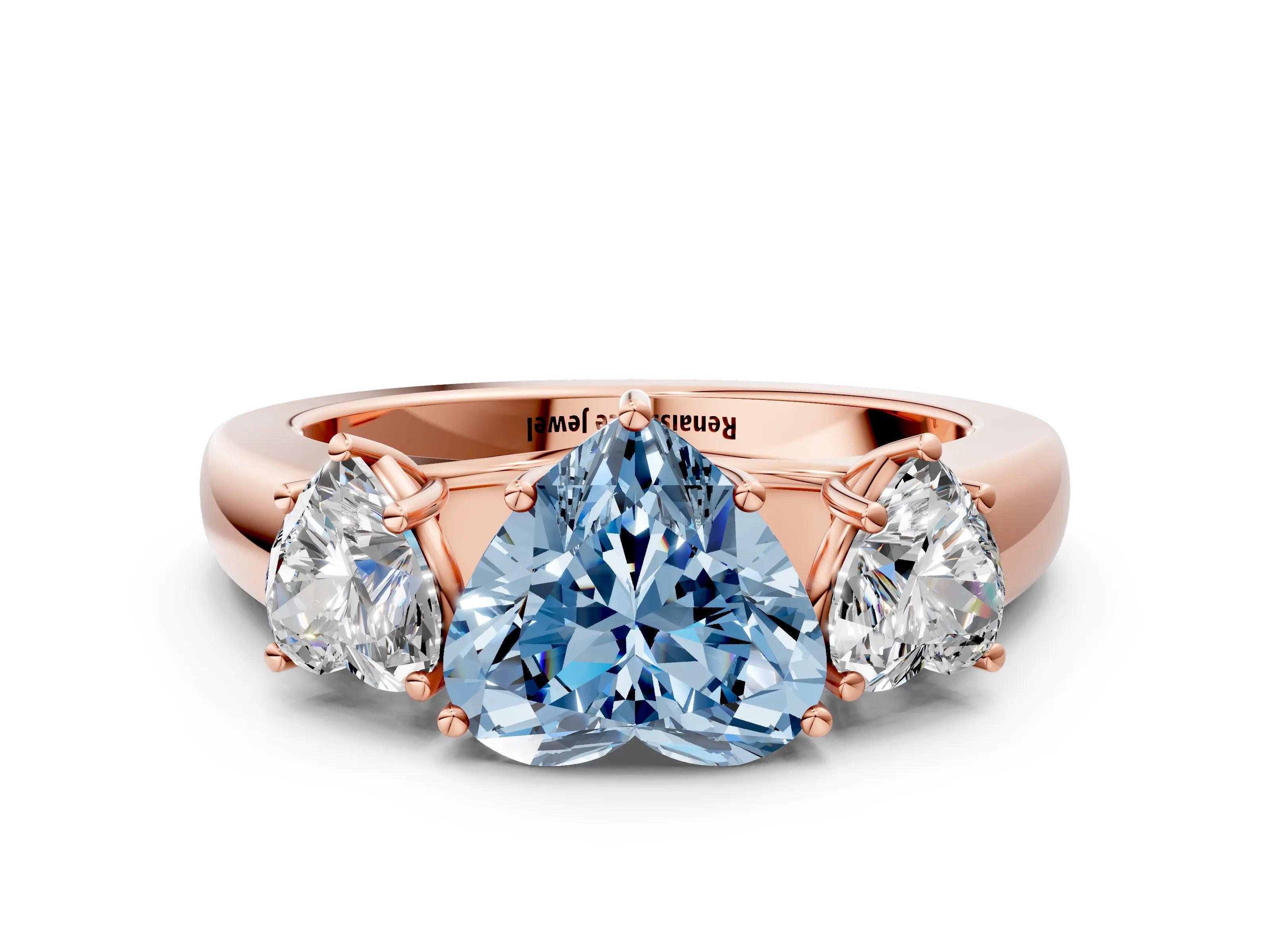 Rose gold Three-Stone Fancy Blue Heart Cut Cut Diamond Ring with Prong Setting and Classic Band