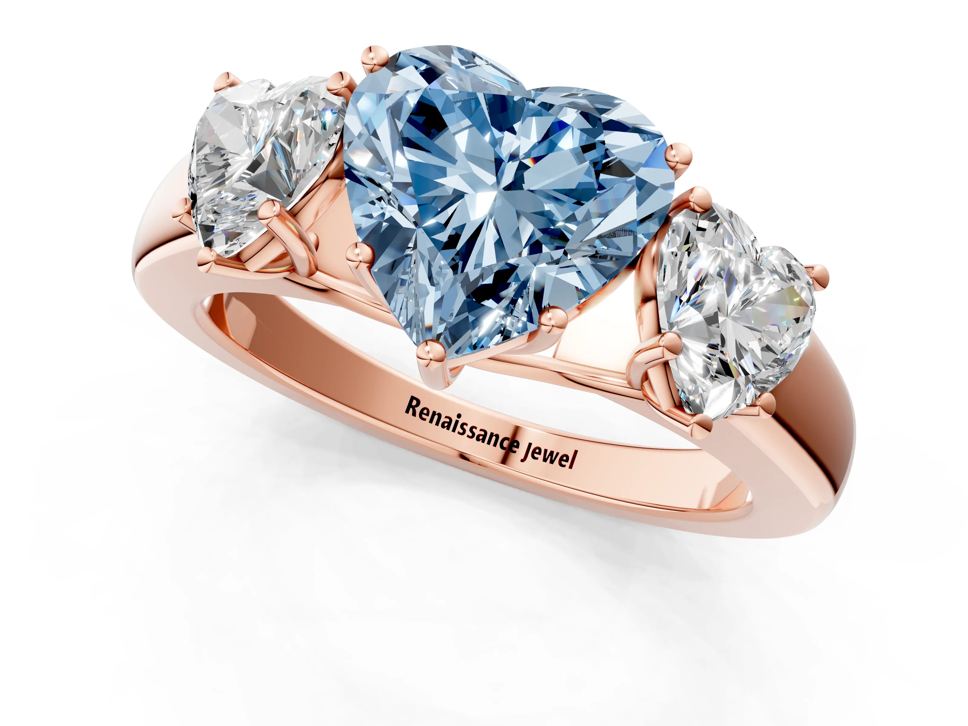 Rose gold Three-Stone Fancy Blue Heart Cut Cut Diamond Ring with Prong Setting and Classic Band_1
