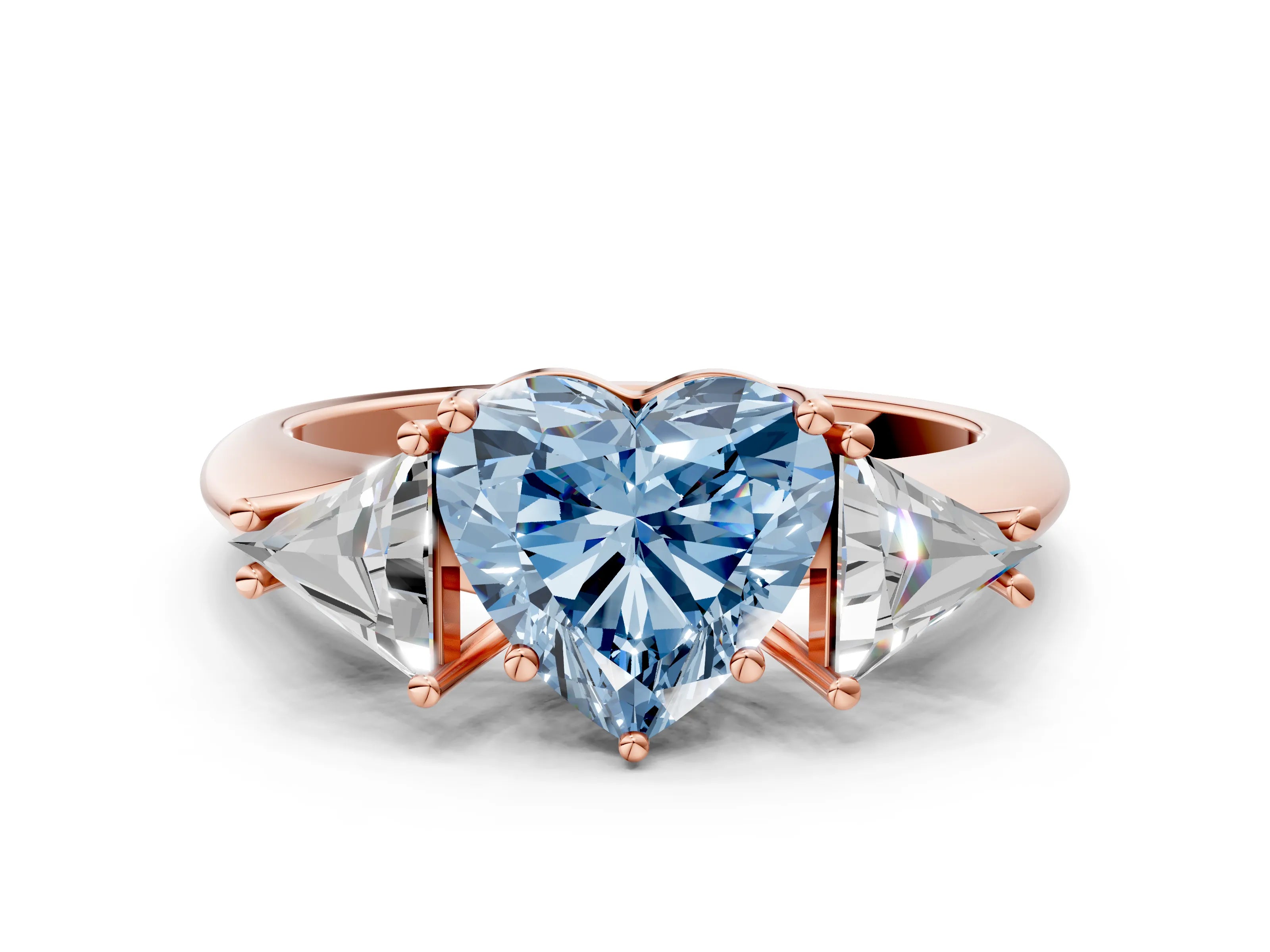 Rose gold Three-Stone Fancy Blue Heart Cut Cut Diamond Ring with Trillion Side Stones and Four-Prong Setting_3