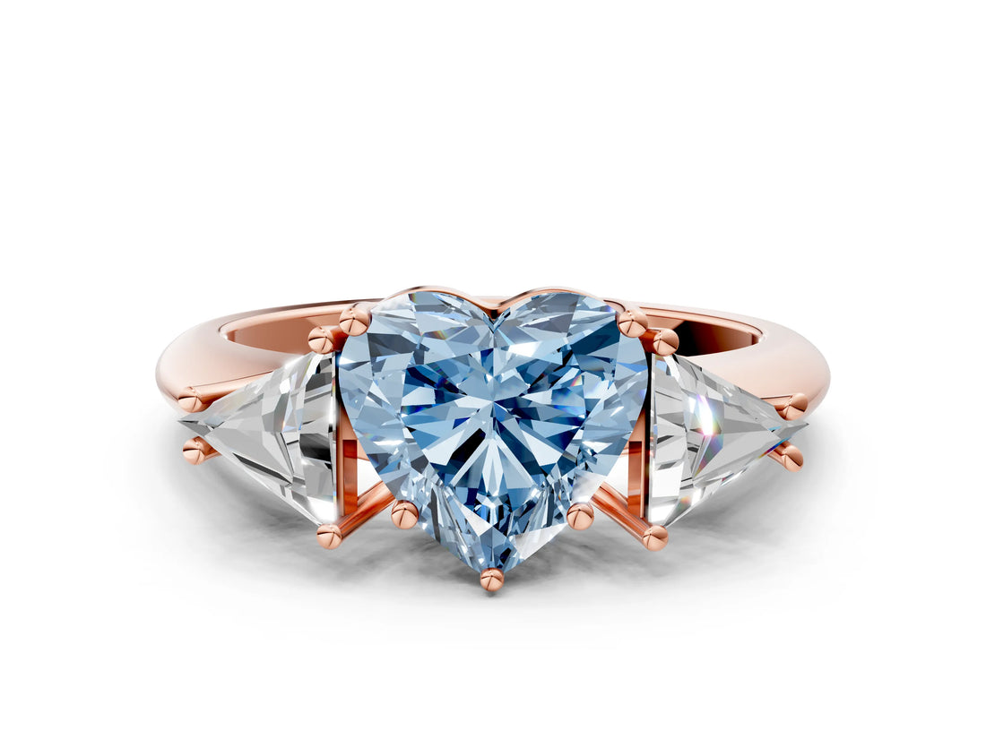 Rose gold Three-Stone Fancy Blue Heart Cut Cut Diamond Ring with Trillion Side Stones and Four-Prong Setting_3