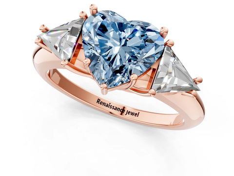 Rose gold Three-Stone Fancy Blue Heart Cut Cut Diamond Ring with Trillion Side Stones and Four-Prong Setting_4